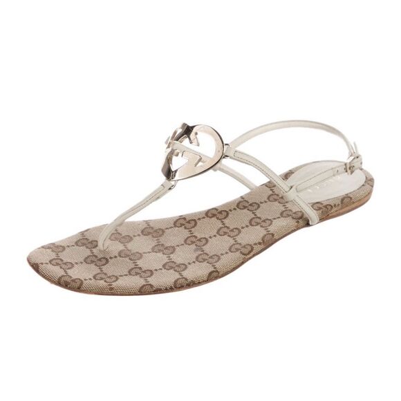 GUCCI Double G Heart Monogram T-Strap Flat Sandals Size 39 US 8.5 Neutral - Picture 1 of 11